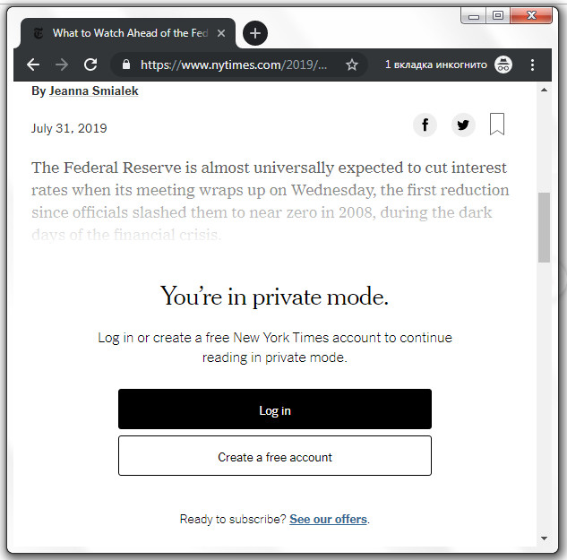 Браузер Google Chrome 75 для десктопа на сайте New York Times